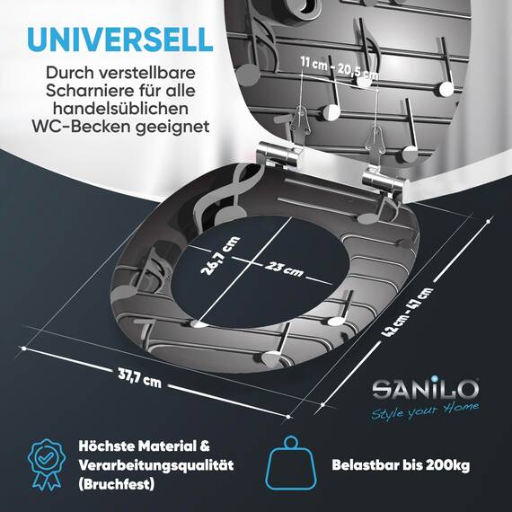 Sanilo WC Sitz mit Absenkautomatik, viele schöne schwarze Toilettendeckel zur Auswahl, hochwertige und stabile Qualität aus Holz (Musical Notes)