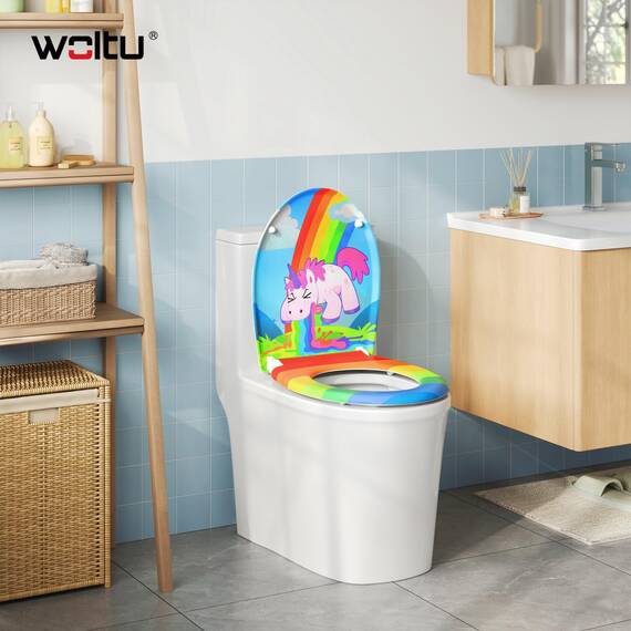 WOLTU Toilettendeckel, WC Sitz mit Absenkautomatik, Klodeckel Klobrille mit Quick-Release-Funktion, O-Form Toilettensitz mit Motiv, Montage von oben unten, 175 kg belastbar der Klobrille