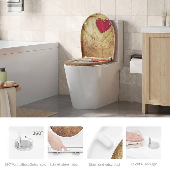 WOLTU Toilettendeckel, WC Sitz mit Absenkautomatik, Klodeckel Klobrille mit Quick-Release-Funktion, O-Form Toilettensitz mit Motiv, Montage von oben unten, 175 kg belastbar der Klobrille