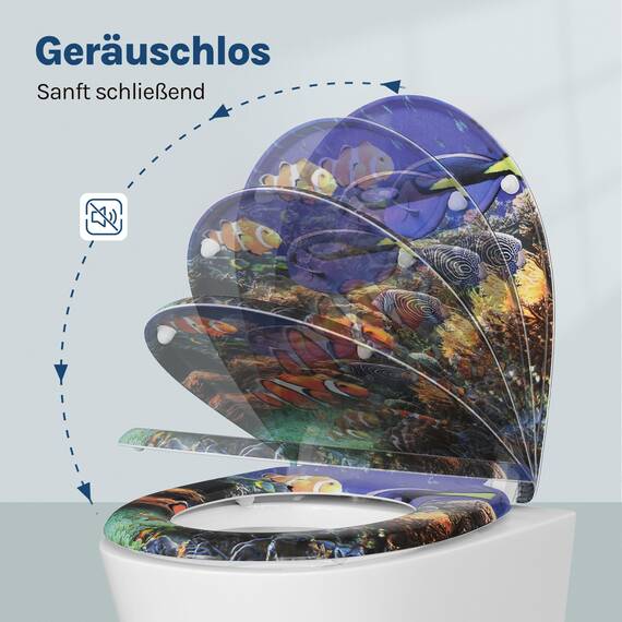 Toilettendeckel, WC Sitz mit Absenkautomatik, Klodeckel mit Schnellverschluss, 360° verstellbaren Scharnieren, Klobrille aus Duroplast, Clownfisch-Druck