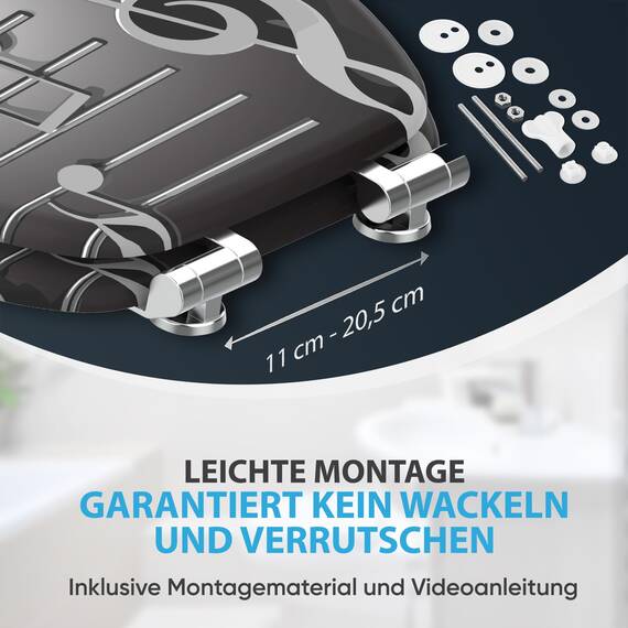 Sanilo WC Sitz mit Absenkautomatik, viele schöne schwarze Toilettendeckel zur Auswahl, hochwertige und stabile Qualität aus Holz (Musical Notes)