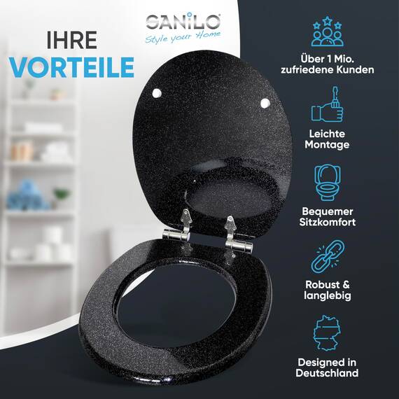 Sanilo WC Sitz mit Absenkautomatik, viele schöne schwarze Toilettendeckel zur Auswahl, hochwertige und stabile Qualität aus Holz (Glitzer Schwarz)