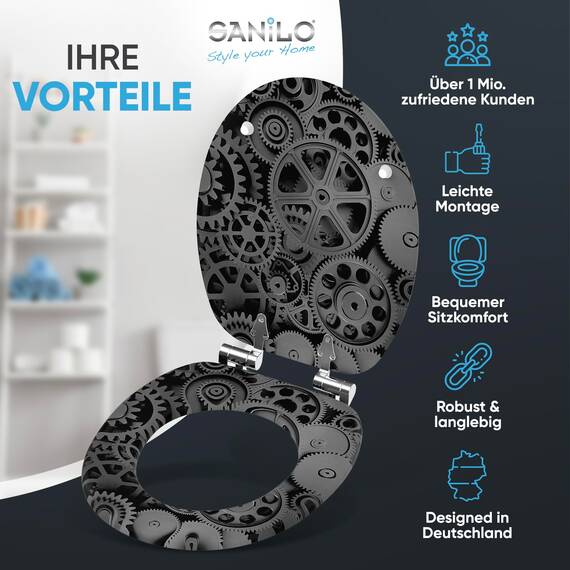 Sanilo WC Sitz mit Absenkautomatik, viele schöne schwarze Toilettendeckel zur Auswahl, hochwertige und stabile Qualität aus Holz (Gears)