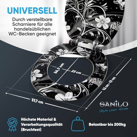 Sanilo WC Sitz mit Absenkautomatik, viele schöne schwarze Toilettendeckel zur Auswahl, hochwertige und stabile Qualität aus Holz (White Flower)