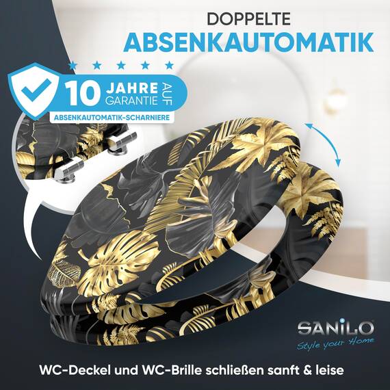 Sanilo WC Sitz mit Absenkautomatik, viele schöne schwarze Toilettendeckel zur Auswahl, hochwertige und stabile Qualität aus Holz (Golden Leaves)
