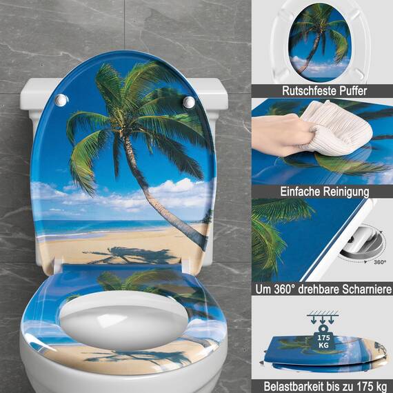 WOLTU Toilettendeckel mit Absenkautomatik, WC Sitz Deckel oval, Klodeckel mit Quick-Release für einfach Reinigung, Klobrille mit verstellbaren Scharnieren, Motiv