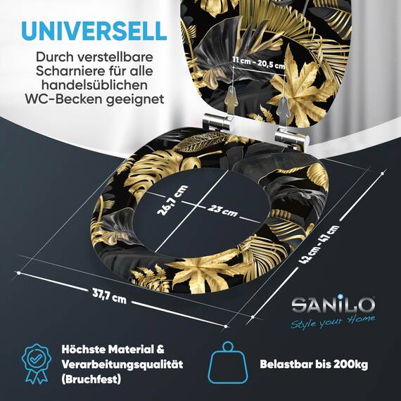 Sanilo WC Sitz mit Absenkautomatik, viele schöne schwarze Toilettendeckel zur Auswahl, hochwertige und stabile Qualität aus Holz (Golden Leaves)