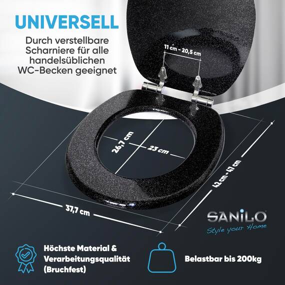Sanilo WC Sitz mit Absenkautomatik, viele schöne schwarze Toilettendeckel zur Auswahl, hochwertige und stabile Qualität aus Holz (Glitzer Schwarz)