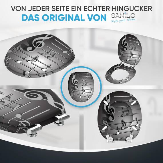 Sanilo WC Sitz mit Absenkautomatik, viele schöne schwarze Toilettendeckel zur Auswahl, hochwertige und stabile Qualität aus Holz (Musical Notes)