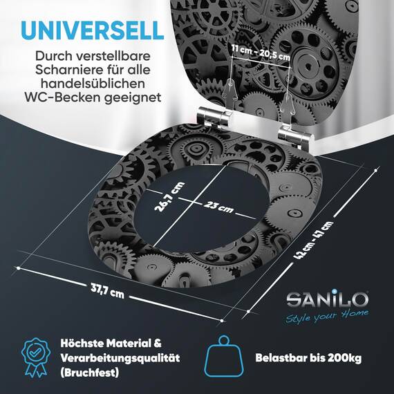 Sanilo WC Sitz mit Absenkautomatik, viele schöne schwarze Toilettendeckel zur Auswahl, hochwertige und stabile Qualität aus Holz (Gears)