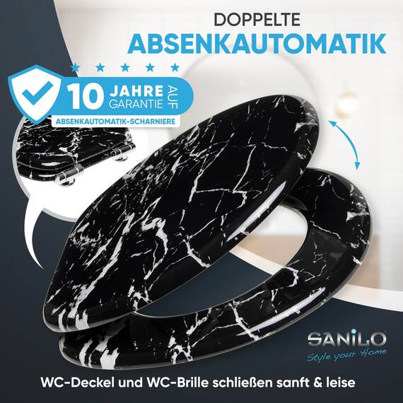 Sanilo WC Sitz mit Absenkautomatik, viele schöne schwarze Toilettendeckel zur Auswahl, hochwertige und stabile Qualität aus Holz (Marmor Schwarz)