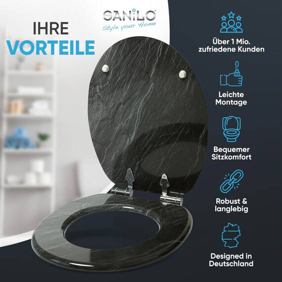 Sanilo WC Sitz mit Absenkautomatik, viele schöne schwarze Toilettendeckel zur Auswahl, hochwertige und stabile Qualität aus Holz (Granit)