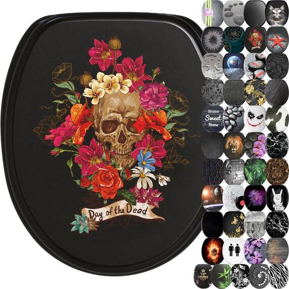 Sanilo WC Sitz mit Absenkautomatik & Schnellverschluss, Toilettendeckel per Knopfdruck abnehmbar, einfache Montage von oben (Day of the Dead)