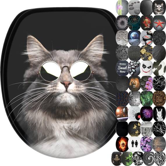Sanilo WC Sitz mit Absenkautomatik & Schnellverschluss, Toilettendeckel per Knopfdruck abnehmbar, einfache Montage von oben (Cool Cat)