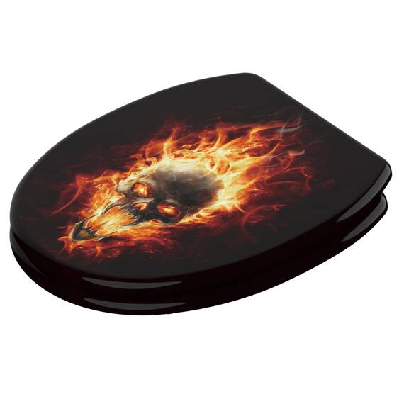Sanilo WC Sitz mit Absenkautomatik & Schnellverschluss, Toilettendeckel per Knopfdruck abnehmbar, einfache Montage von oben (Totenkopf in Flammen)