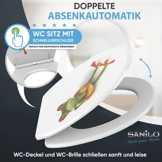 Sanilo WC Sitz mit Absenkautomatik & Schnellverschluss, Toilettendeckel per Knopfdruck abnehmbar, einfache Montage von oben (Froggy)