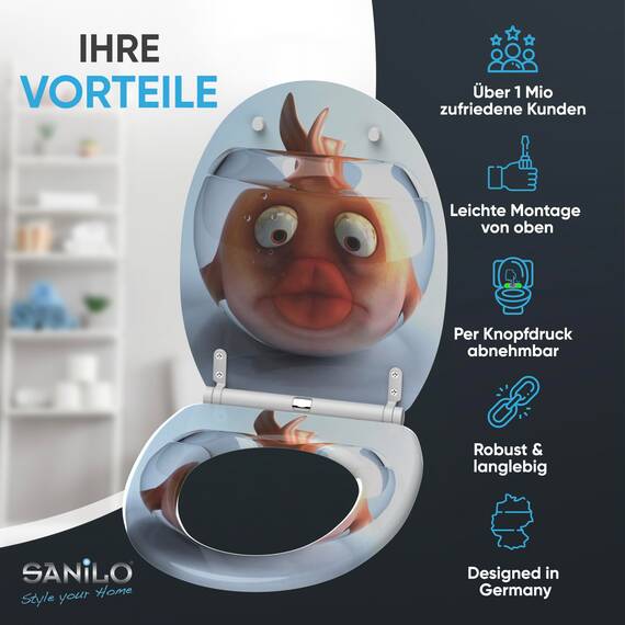 Sanilo WC Sitz mit Absenkautomatik & Schnellverschluss, Toilettendeckel per Knopfdruck abnehmbar, einfache Montage von oben (Goldfisch)