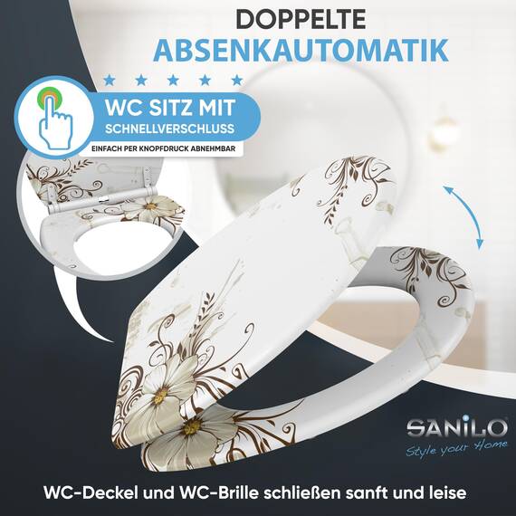 Sanilo WC Sitz mit Absenkautomatik & Schnellverschluss, Toilettendeckel per Knopfdruck abnehmbar, einfache Montage von oben (Flower)