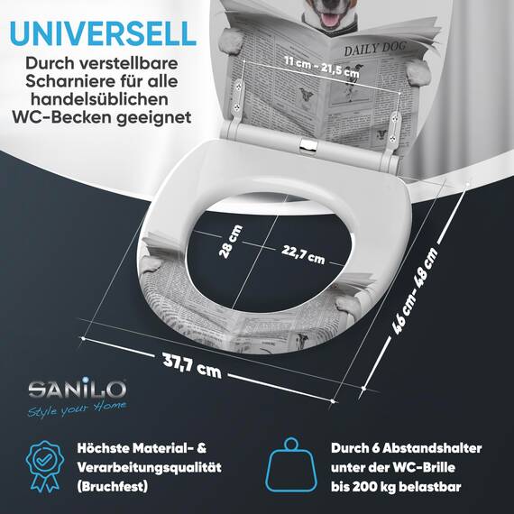 Sanilo WC Sitz mit Absenkautomatik & Schnellverschluss, Toilettendeckel per Knopfdruck abnehmbar, einfache Montage von oben (Newspaper)