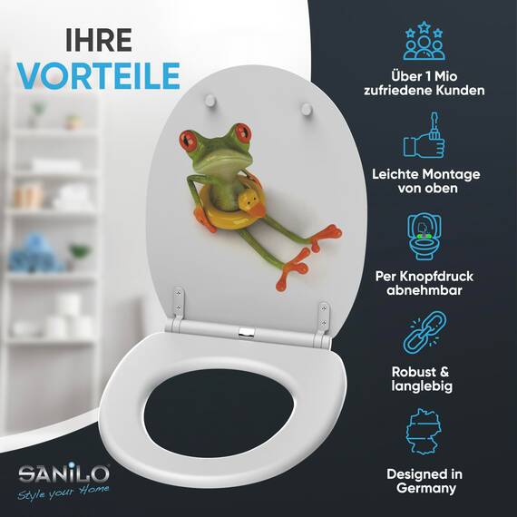 Sanilo WC Sitz mit Absenkautomatik & Schnellverschluss, Toilettendeckel per Knopfdruck abnehmbar, einfache Montage von oben (Froggy)