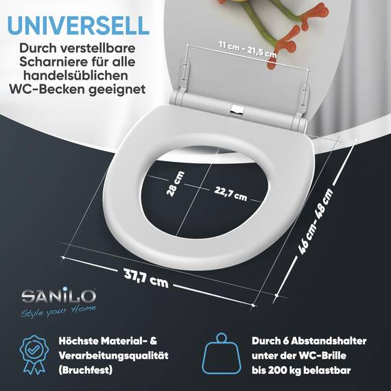 Sanilo WC Sitz mit Absenkautomatik & Schnellverschluss, Toilettendeckel per Knopfdruck abnehmbar, einfache Montage von oben (Froggy)