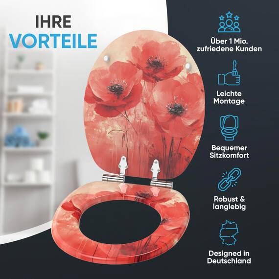 Sanilo Toilettendeckel mit Absenkautomatik, hochwertiger WC Sitz, einfache Montage, stabile Scharniere (Poppy)