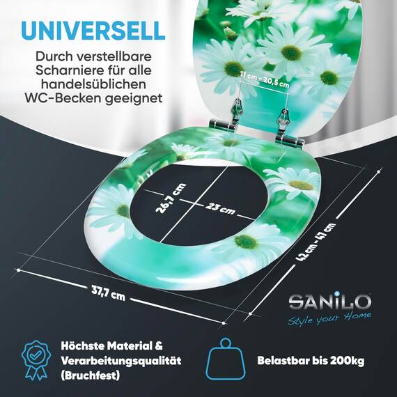 Sanilo WC-Sitz mit Absenkautomatik I Hochwertiger Toilettensitz aus Holz I Toilettendeckel in verschiedenen Motiven (Margeriten)