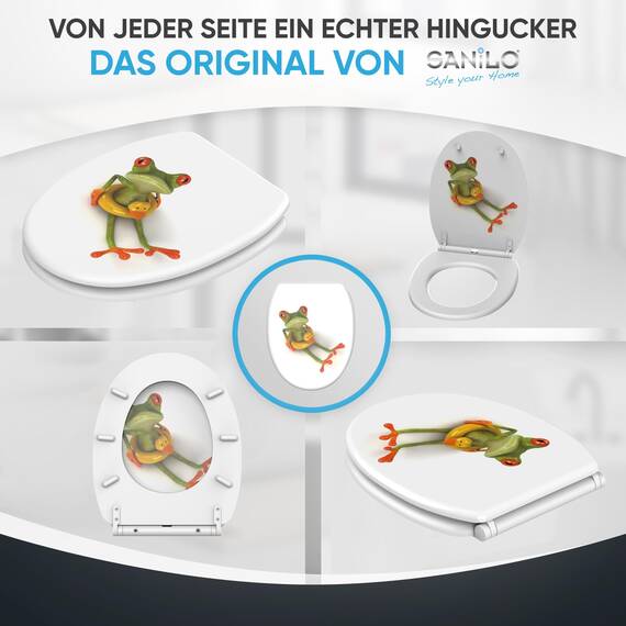 Sanilo WC Sitz mit Absenkautomatik & Schnellverschluss, Toilettendeckel per Knopfdruck abnehmbar, einfache Montage von oben (Froggy)