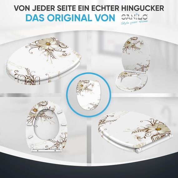 Sanilo WC Sitz mit Absenkautomatik & Schnellverschluss, Toilettendeckel per Knopfdruck abnehmbar, einfache Montage von oben (Flower)