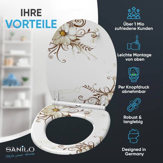 Sanilo WC Sitz mit Absenkautomatik & Schnellverschluss, Toilettendeckel per Knopfdruck abnehmbar, einfache Montage von oben (Flower)