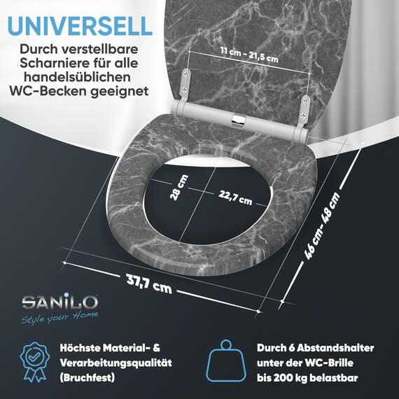 Sanilo WC Sitz mit Absenkautomatik & Schnellverschluss, Toilettendeckel per Knopfdruck abnehmbar, einfache Montage von oben (Marmor Grau)