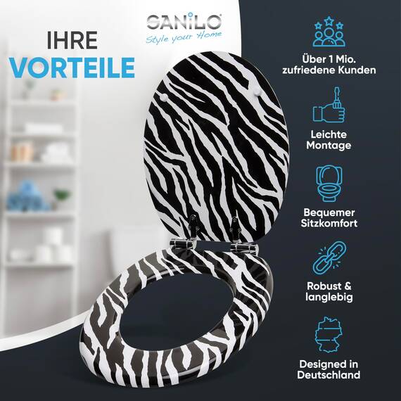 Sanilo WC Sitz mit Absenkautomatik, viele schöne schwarze Toilettendeckel zur Auswahl, hochwertige und stabile Qualität aus Holz (Zebra)