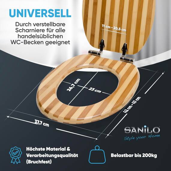 Sanilo WC Sitz mit Absenkautomatik, viele schöne Toilettendeckel zur Auswahl, hochwertige und stabile Qualität aus Holz (Bambus Gestreift)