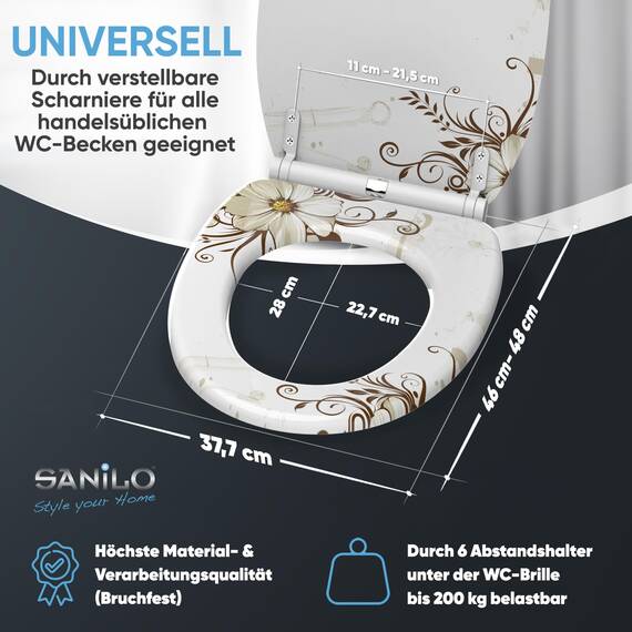 Sanilo WC Sitz mit Absenkautomatik & Schnellverschluss, Toilettendeckel per Knopfdruck abnehmbar, einfache Montage von oben (Flower)