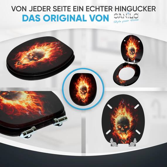 Sanilo WC Sitz mit Absenkautomatik & Schnellverschluss, Toilettendeckel per Knopfdruck abnehmbar, einfache Montage von oben (Totenkopf in Flammen)