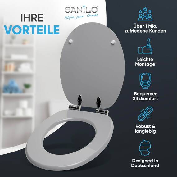 Sanilo WC-Sitz mit Absenkautomatik I Hochwertiger Toilettensitz aus Holz I Toilettendeckel in verschiedenen Motiven (Manhattan Grau)