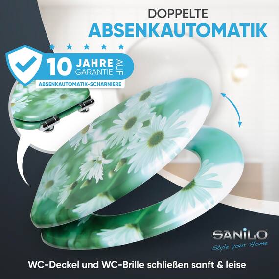 Sanilo WC-Sitz mit Absenkautomatik I Hochwertiger Toilettensitz aus Holz I Toilettendeckel in verschiedenen Motiven (Margeriten)