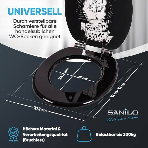 Sanilo WC Sitz mit Absenkautomatik, viele schöne Toilettendeckel zur Auswahl, hochwertige und stabile Qualität aus Holz (Rock 'n Roll)