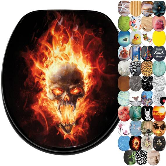 Sanilo WC Sitz mit Absenkautomatik & Schnellverschluss, Toilettendeckel per Knopfdruck abnehmbar, einfache Montage von oben (Totenkopf in Flammen)