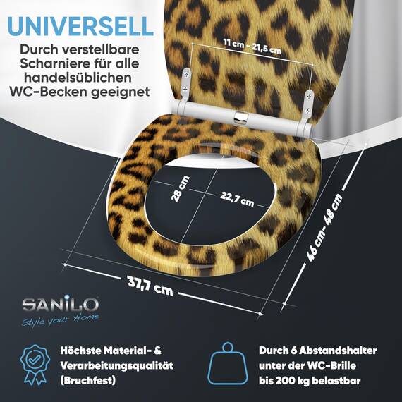 Sanilo WC Sitz mit Absenkautomatik & Schnellverschluss, Toilettendeckel per Knopfdruck abnehmbar, einfache Montage von oben (Leopardenfell)