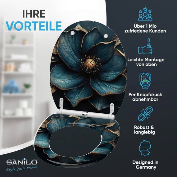 Sanilo WC Sitz mit Absenkautomatik & Schnellverschluss, Toilettendeckel per Knopfdruck abnehmbar, einfache Montage von oben (Bellezza)