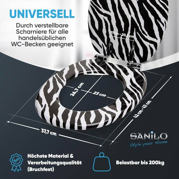 Sanilo WC Sitz mit Absenkautomatik, viele schöne schwarze Toilettendeckel zur Auswahl, hochwertige und stabile Qualität aus Holz (Zebra)