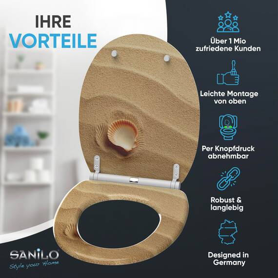 Sanilo WC Sitz mit Absenkautomatik & Schnellverschluss, Toilettendeckel per Knopfdruck abnehmbar, einfache Montage von oben (Clam)