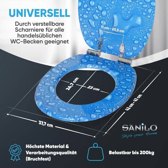Sanilo WC Sitz mit Absenkautomatik, viele schöne Toilettendeckel zur Auswahl, hochwertige und stabile Qualität aus Holz (Tautropfen Blau)