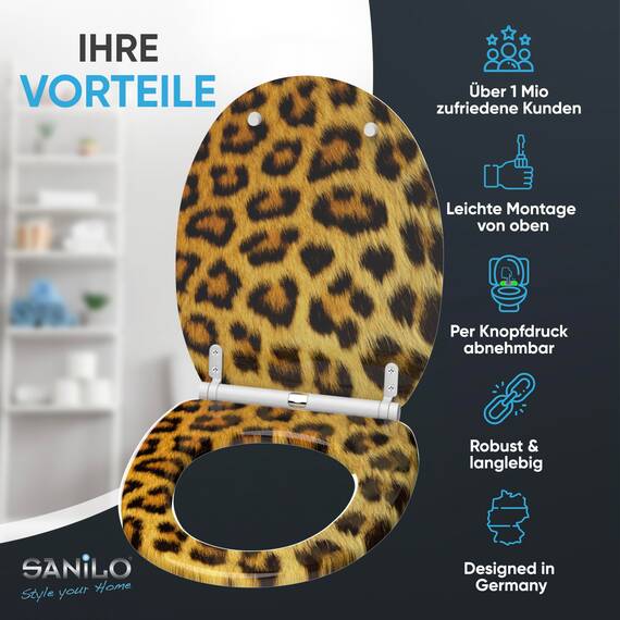 Sanilo WC Sitz mit Absenkautomatik & Schnellverschluss, Toilettendeckel per Knopfdruck abnehmbar, einfache Montage von oben (Leopardenfell)
