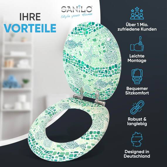 Sanilo WC Sitz mit Absenkautomatik, hochwertiger Toilettendeckel, einfache Montage, stabile Scharniere, (Mosaic World Green)
