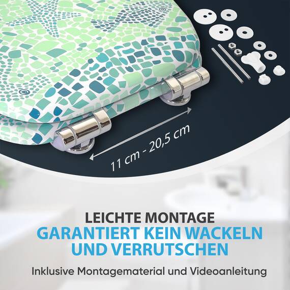 Sanilo WC Sitz mit Absenkautomatik, hochwertiger Toilettendeckel, einfache Montage, stabile Scharniere, (Mosaic World Green)