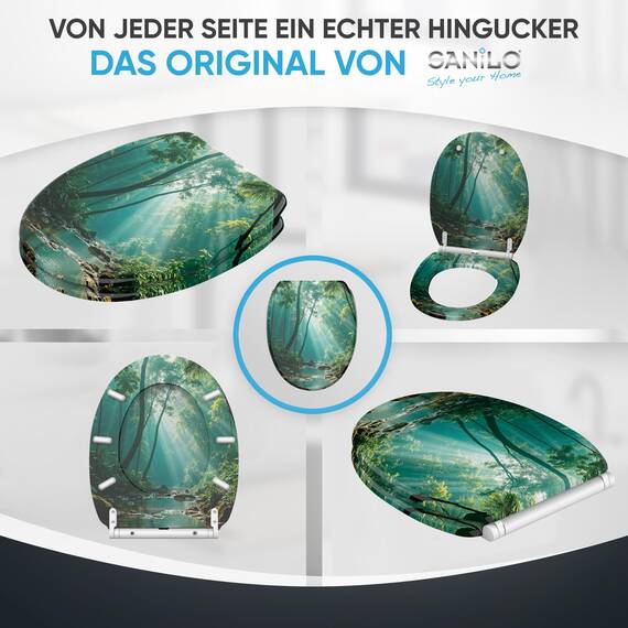 Sanilo WC Sitz mit Absenkautomatik & Schnellverschluss, Toilettendeckel per Knopfdruck abnehmbar, einfache Montage von oben (Rainforest)