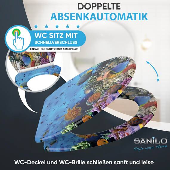 Sanilo WC Sitz mit Absenkautomatik & Schnellverschluss, Toilettendeckel per Knopfdruck abnehmbar, einfache Montage von oben (Ocean)