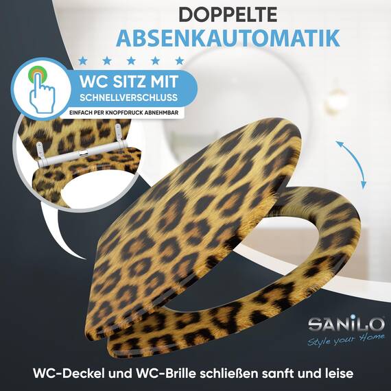 Sanilo WC Sitz mit Absenkautomatik & Schnellverschluss, Toilettendeckel per Knopfdruck abnehmbar, einfache Montage von oben (Leopardenfell)